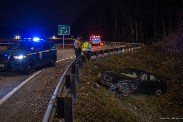 Lincoln Continental down an embankment after a Berlin Vermont DUI crash on I-89