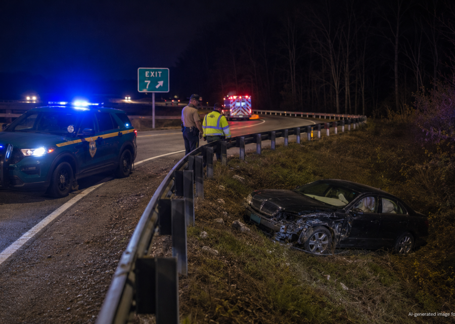 Lincoln Continental down an embankment after a Berlin Vermont DUI crash on I-89