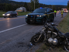 Damaged Harley-Davidson after a Pittsford motorcycle crash on US Route 7
