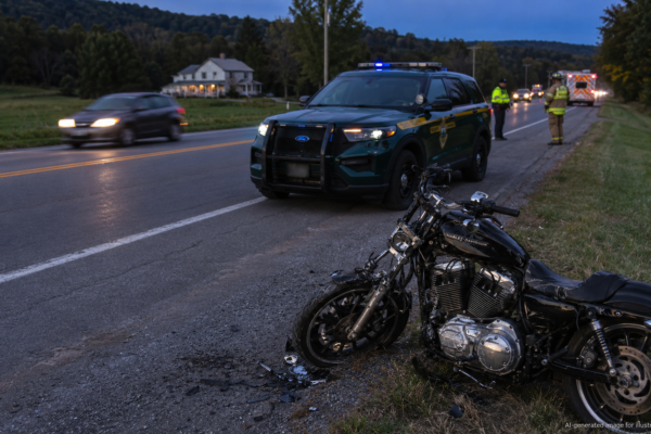 Damaged Harley-Davidson after a Pittsford motorcycle crash on US Route 7