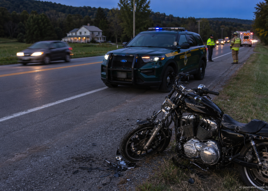 Damaged Harley-Davidson after a Pittsford motorcycle crash on US Route 7