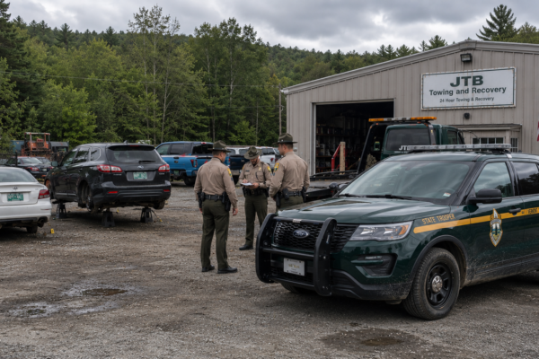 Tow yard where a Newbury catalytic converter theft is under investigation