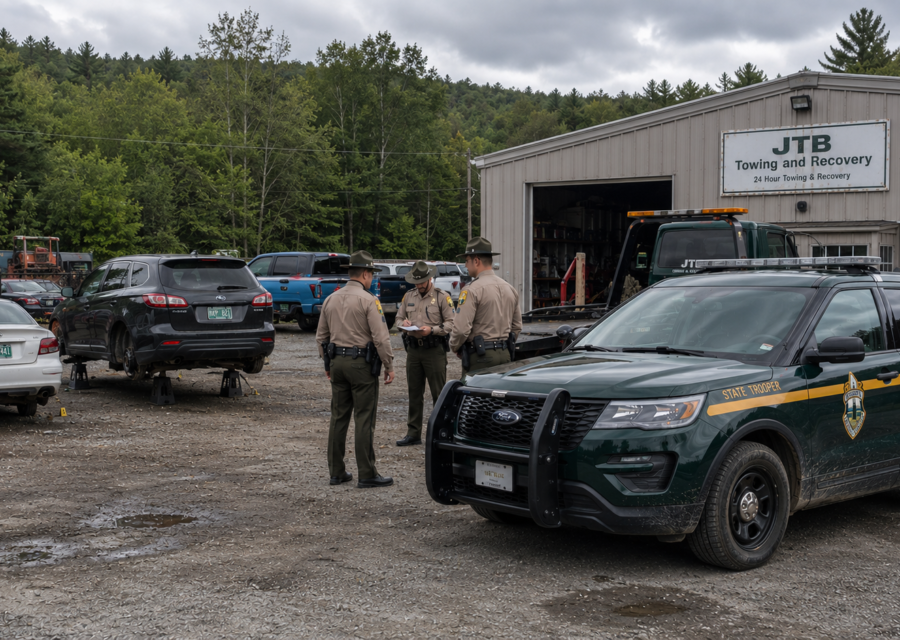 Tow yard where a Newbury catalytic converter theft is under investigation