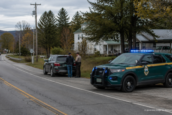 Vermont State Police vehicle near an Eden arrest warrant stop on Route 100